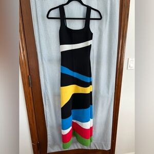 STAUD Black Maxi Dress with Blue, Yellow, White, Red & Green Stripes